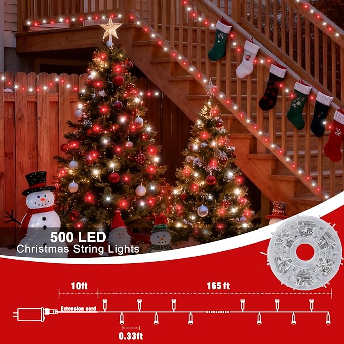 QITONG Red and White Christmas Light Outdoor Waterproof, 165ft 500 LED Clear Wire String Lights Plug-in, 8 Modes Christmas Tree Light Indoor