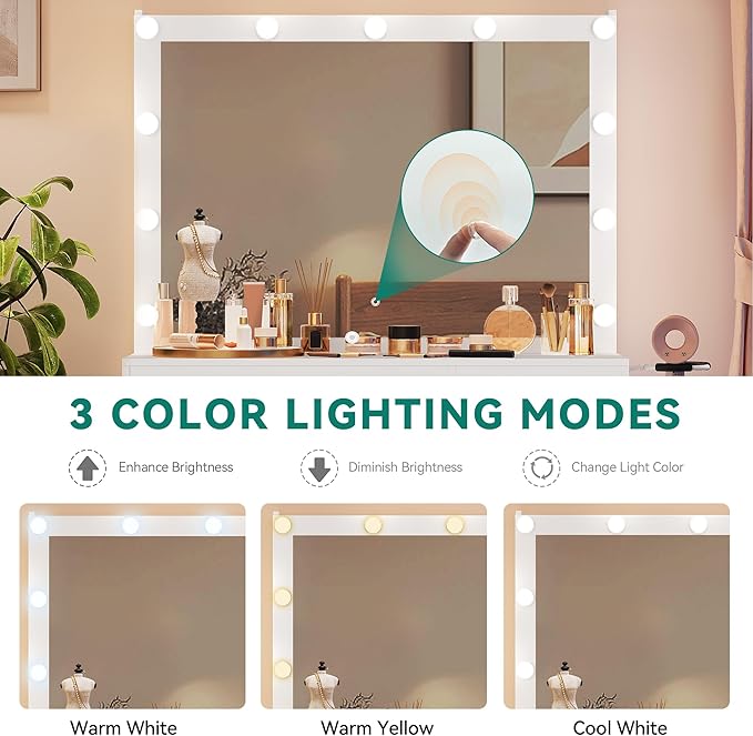 YITAHOME Makeup Vanity Table with Lighted Mirror, Cushioned Stool, 4 Storage Drawers & Hidden Jewelry Organizer, 3-Mode LED Lighting