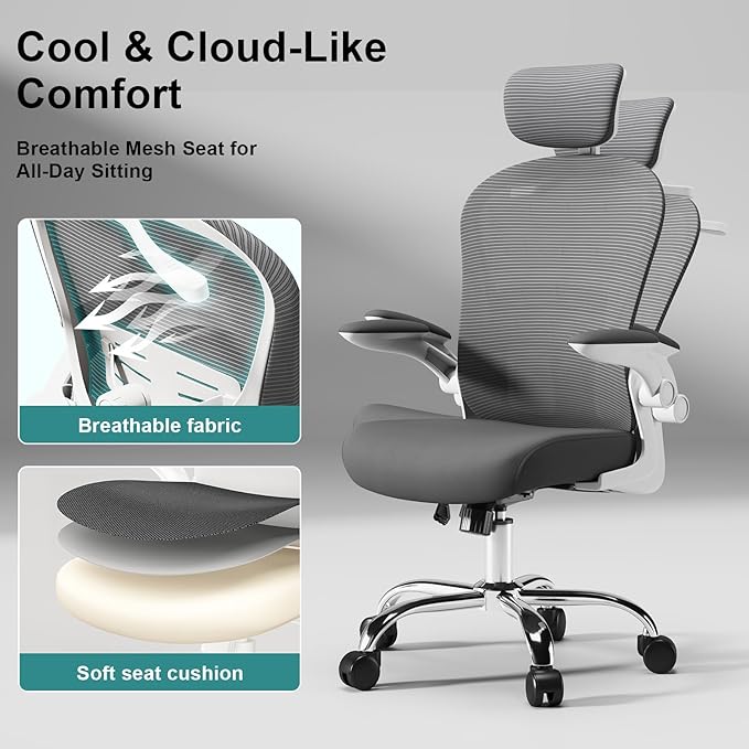 Ergonomic Gaming Chair with Adjustable Lumbar Support and Headrest, High Back Computer Chair for Office and Home Desk, 90-120° Reclining Swivel Task Chair with Flip-Up Arms(White-Grey)