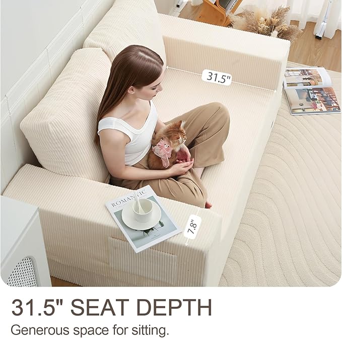 COMAX Convertible Sofa Bed Queen, Folding Fold Out Couch Bed, Floor Futon Couch Corduroy Sleeper Mattress with Back Pillows, Boneless Sofa Comfy Lounge Loveseat for Living Room Bedroom, Beige