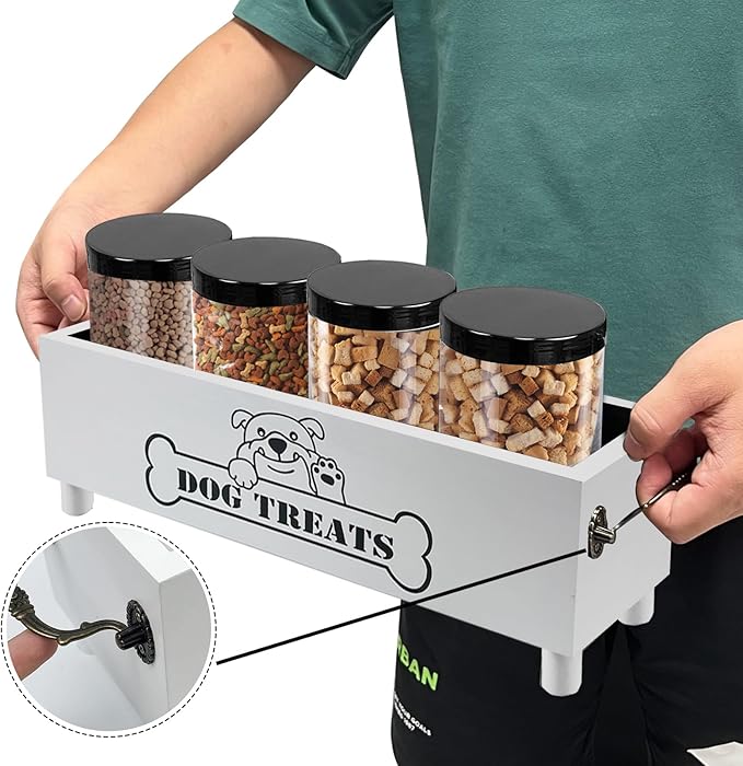 Large Dog Treats Container, Dog Cookie Jar for Dogs Cat Treats Container, Farmhouse Wood Pet Treats Storage Organizer for Dog Food Storage Container with 4 Jars, Cat Dog Treat Organizer(White)