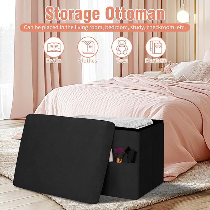 Small Ottoman with Storage, Folding Foot Rest Stool with Thicker Furry Padded Seat. Soft Fur Storage Ottoman Bench for Bedroom Living Room, Holds Up to 300 lbs, 17x13x13IN (Black)