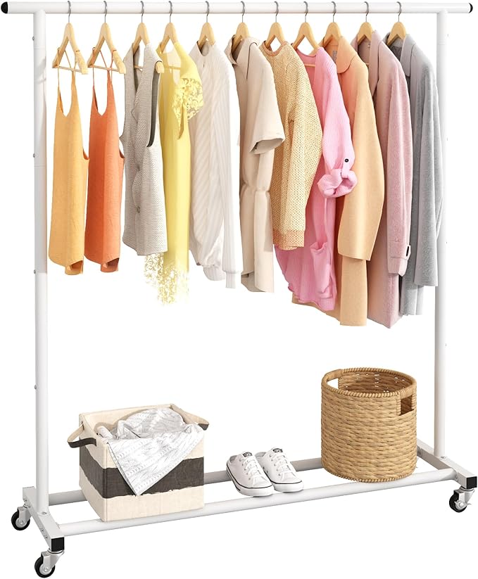 Buzowruil Metal Rolling Clothing Rack Adjustable Freestanding Garment Organizer with Wheels, Space-Saving Design for Home, Closet, Office, or Retail, White
