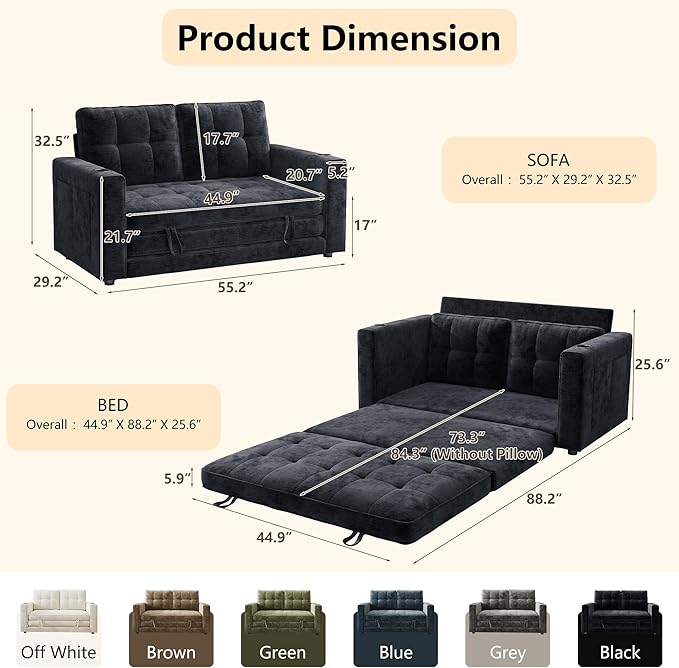 WorthFurni Convertible Sofa Bed, Folding Sofa Bed 2 in1 Pull Out Loveseat Sleeper Sofa, Floor Sofa Bed for Small Spaces Folding Couch Bed with Pillows for Living Room Bedroom - Black