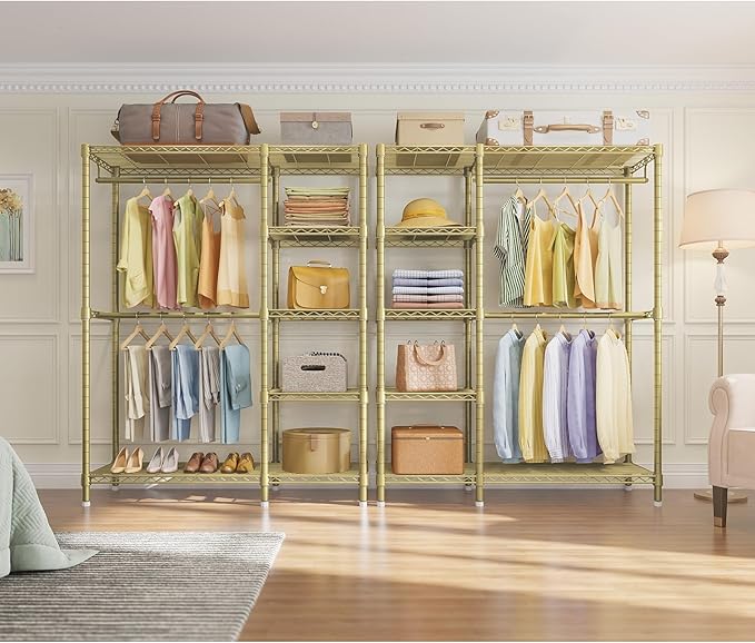 VIPEK V7 Clothes Rack Heavy Duty Max Load 670lbs, Garment Rack with 5 Tiers Adjustable Shelves Portable Closet Metal Sturdy Wardrobe Storage System for Walk-in Closet, Bedroom, Small Space (Gold)