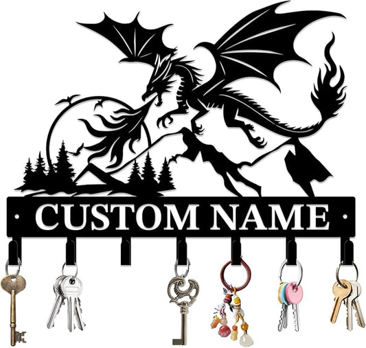 Personalized Evil Dragons Keys Hooks,Custom Name Metal Dragons Art Keys Hooks,Metal Dragons Lover Wall Home Storage Decorative Keys Hooks,Key Holder Hooks for Wall (Style J)