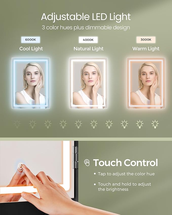 VASAGLE KAILYN Collection - Vanity Desk with Power Outlets, Makeup Vanity with Mirror and Lights, Upholstered Vanity Stool, LED Lights, 6 Compartments, 2 Drawers, for Bedroom, Ink Black URDT031B01