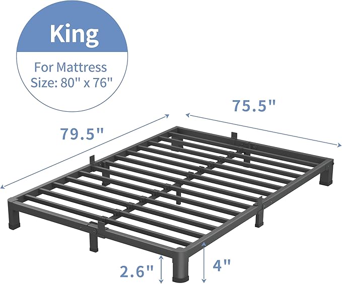 4 Inch King Size Bed Frame, 3500Lbs Heavy Duty Metal Platform with Round Corner Legs Mattress Slide Stopper, Steel Slat Support No Box Spring Needed, Noise Free, Non-Slip, Easy Assembly