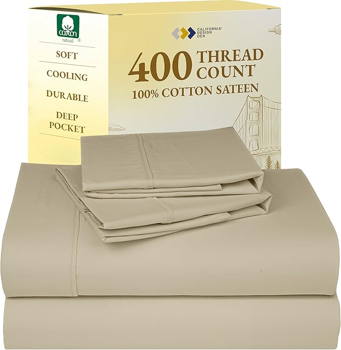 California Design Den Full Size Bed Sheets Set - Soft 400 Thread Count Sateen, Natural 100% Cotton Sheets Set with Deep Pockets, Breathable, Cooling and Durable Bedding - Beige (Golden Tone)