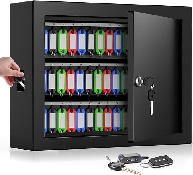 75 Keys Key Lock Box Wall Mount with 75 Colored Key Tags, Anti-Theft Key Box Key Cabinet with Side Opening, Key Organizer Key Safe for Home Office Garage Rental Business