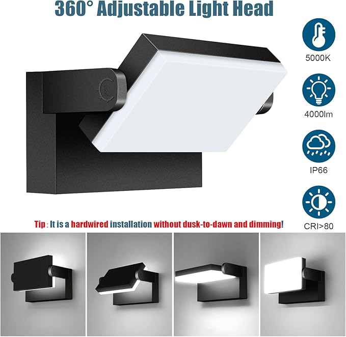 40W LED Outdoor Wall Light, 5000K Daylight Waterproof Floodlights, 360 ° Adjustable Wallpack Lighting Modern Security Commercial Exterior Wall Mount Fixture for Yard Hardwired Super Bright