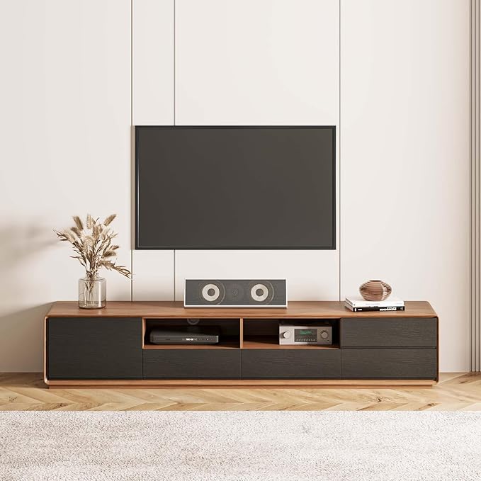 Modern Solid Wood TV Stand, Lowline Media Console with 4 Drawers, Open Storage Cabinet, Walnut Veneer, Fully-Assembled, 78"