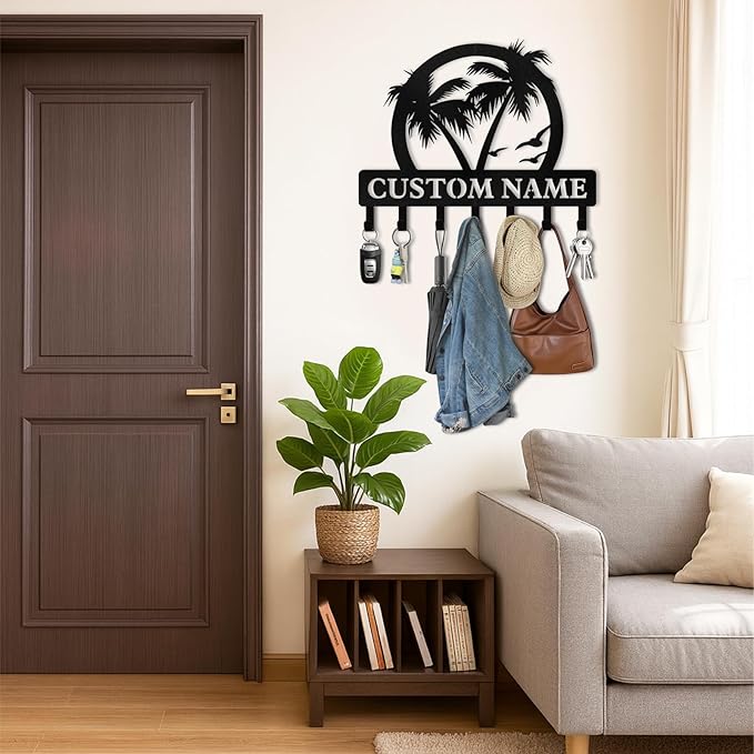 Personalized Key Holder for Wall, Beach Theme Key Holder Wall Mount with Hooks, Coconut Trees Key Hanger Wall Decor for Pool Bathroom Hallway Entryway Office, Customized Home Decor Gifts Color07