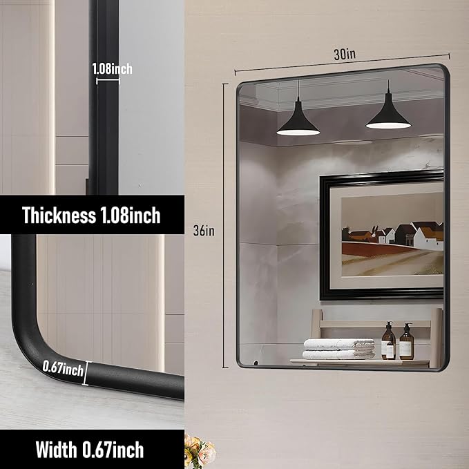 Gold Framed Mirrors for Bathroom,30 x 36 Inch Rounded Conner Rectangle Mirror for Wall, Matte Gold Vanity Mirror with Tempered Glass,Anti-Rust,Hangs Horizontally or Vertically