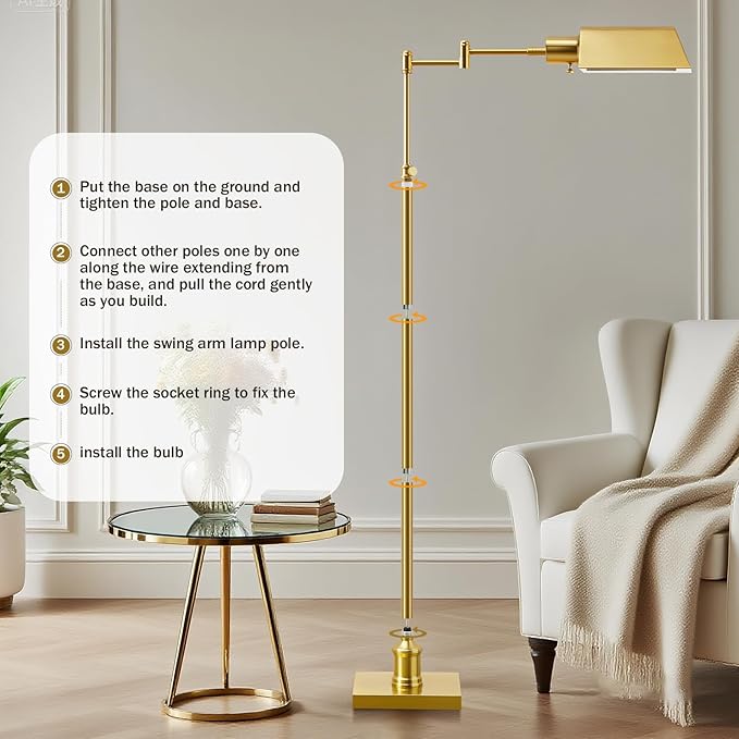 GyroVu Traditional Height Adjustable Pharmacy Floor Lamp with 350° Swing Arm, Color Temperature Adjustable Standing Lamp Metal Shade for Living Room Reading House Bedroom Home Office(Gold)