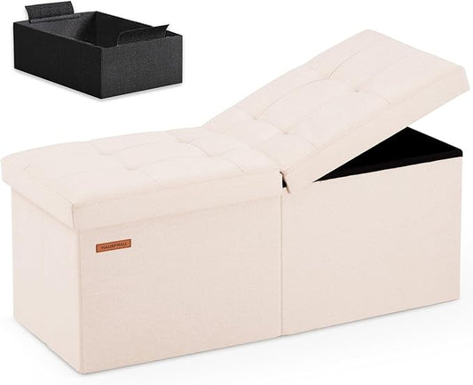 HAUSFRAU 31.5 Inches Ottoman with Storage, Folding Ottoman Small Foot Rest Stool Bedroom Bench with Flipping Lid, Linen Beige