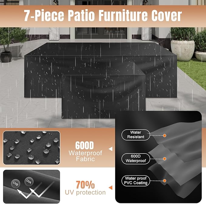 Aoxun 7 Pieces Patio Furniture Set with 44” Fire Pit Table Wicker Rattan Outdoor Sectional Conversation Set with Coffee Table and 4” Thickened Cushions, Beige (Waterproof Cover Included)