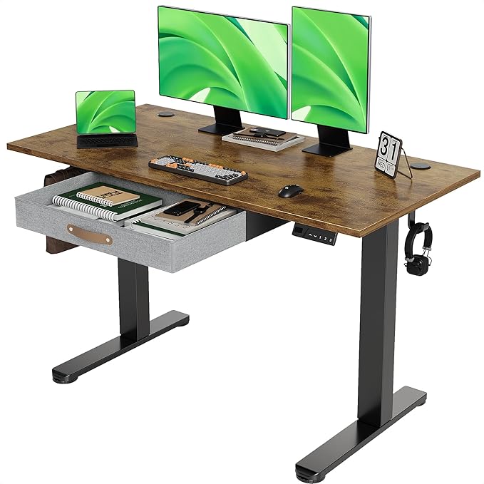 Seang Standing Desk with Drawer, 48" x 24" Height Adjustable Stand Up Desk, 3 Memory Height Settings with Cable Grommets & Storage Hooks, Ideal for Home & Office, Rustic Brown