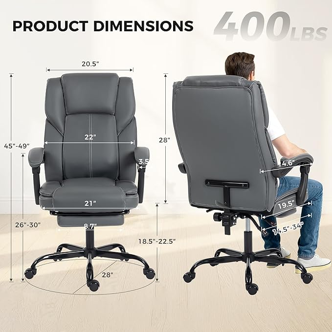 Office Chair with Footrest, Executive Breathable Leather Office Desk Chair with Lumbar Support - Ergonomic Comfy Wide Reclining Swivel Rolling Gaming Computer Chair with Adjustable 90-135° High Back