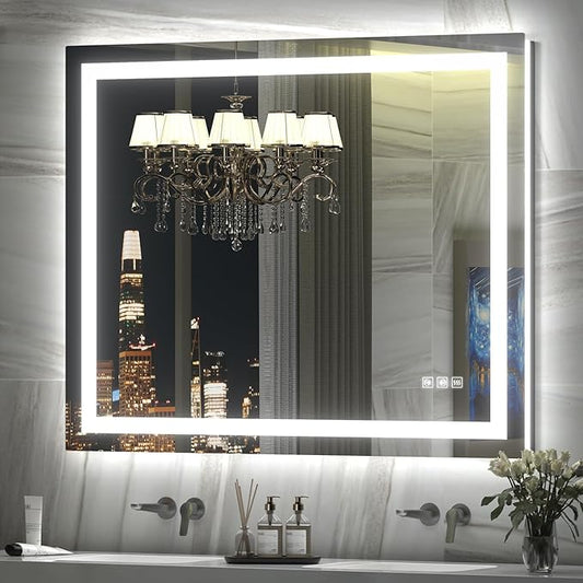 LED Mirror for Bathroom, 48x40 Inch Backlit + Front Lighted Bathroom Vanity Mirror with Lights for Wall, Double Light Strips, 3 Colors, Shatter-Proof, Anti-Fog and Brightness Memory