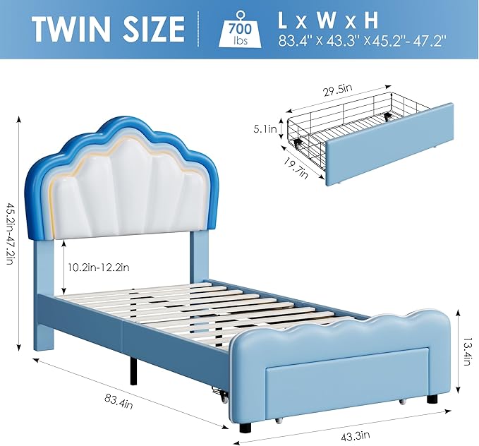 HOSTACK Twin Upholstered LED Bed Frame with Storage Drawers, Cute Boys Bed with Adjustable Lotus Headboard, Faux Leather Platform Bed Frame, Wooden Slats Support, No Box Spring Needed, Blue/White