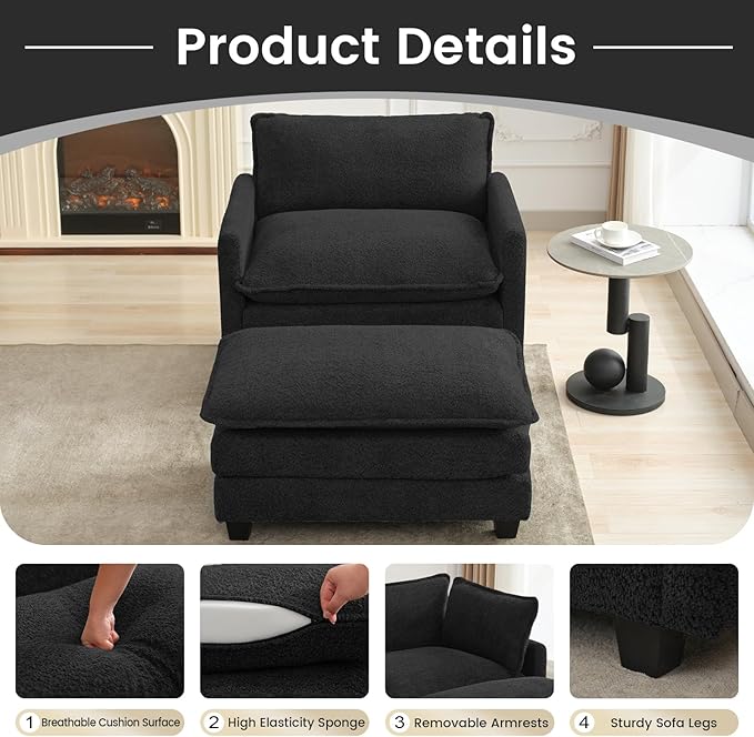 ROWHY Convertible Sectional Couch with Ottoman, Single Armchair with armrests, Modern Living Room Furniture Set, Small Couches for Small Spaces, for Living Room, Chenille, Black