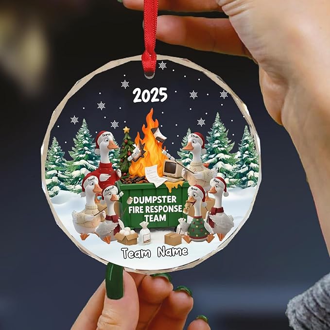 NAZENTI Personalized Funny Goose Fire Response Team Glass Ornament, Custom Flaming Dumpster Holiday Piece, Coworker Christmas Tree Hanging Decoration