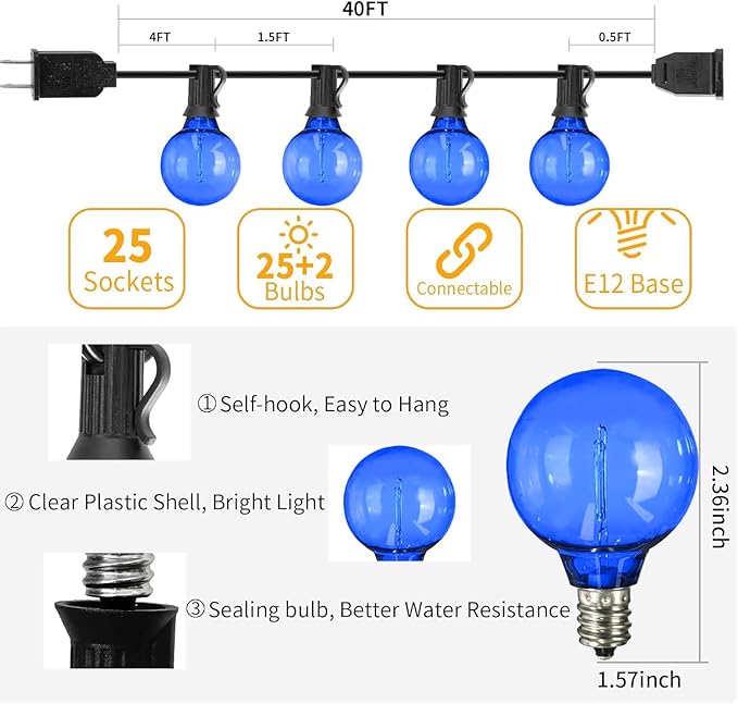 40FT LED Outdoor String Lights Waterproof, G40 LED Globe Outdoor Lighting for Patio with 27 Edison Vintage Shatterproof Bulbs, Connectable Backyard Lights for Garden, Bistro, Porch, Cafe