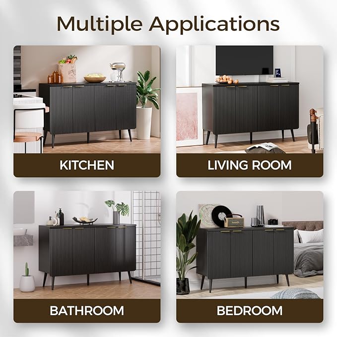 4-Door Fluted Sideboard Buffet Cabinet, 47" Large Storage Cabinet with Shleves, Wood Modern Accent Credenza Kitchen Table for Dining Room, Living Room & Entryway, Black