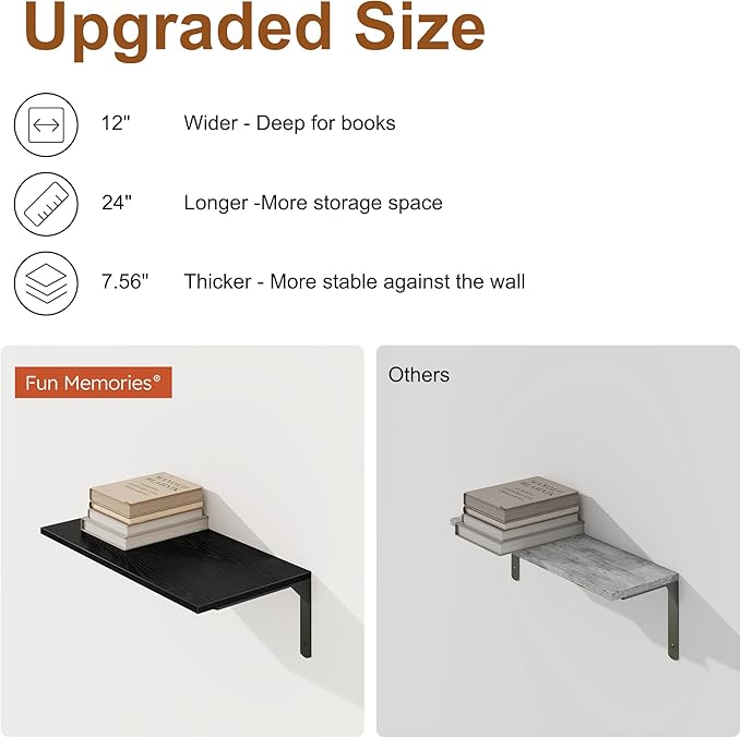 Fun Memories Deep Floating Shelves for Wall, 12 Inch Deep Black Wall Shelf, 24 Inch Long Floating Shelves with Bracket Set of 2, Rustic Deep Storage Shelf for Bedroom, Living Room, Kitchen