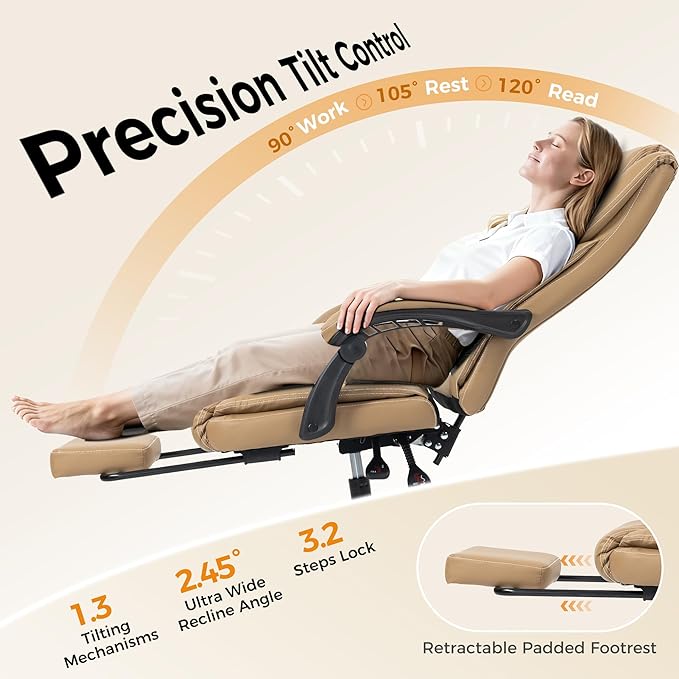 Office Chair with Footrest, Executive Breathable Leather Office Desk Chair with Lumbar Support - Ergonomic Comfy Wide Reclining Swivel Rolling Gaming Computer Chair with Adjustable 90-135° High Back