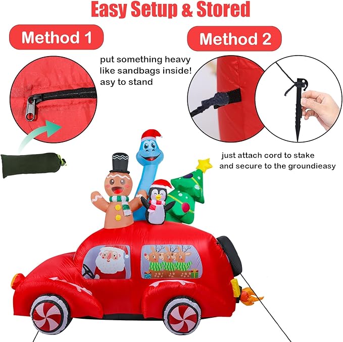 VCUTEKA Christmas Inflatables Outdoor Decorations - 8FT Inflatable Red Car with Gingerbread Man and Dinosaur Christmas Blow Up Yard Lighted for Holiday Garden Lawn Xmas Decor