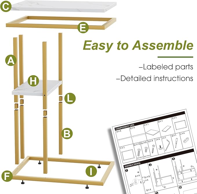 C Shaped End Side Table, Couch Sofa Table for Bed, Gold Snack Table with Metal Frame, TV Tray Table for Small Space, Living Room, Bedroom, Bedside(White Marble)