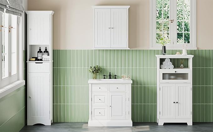 ChooChoo Bathroom Floor Storage Cabinet with Flip Glass Drawer, Freestanding with 2 Doors, Adjustable Shelf & Open Storage for Living Room, Hallway, White