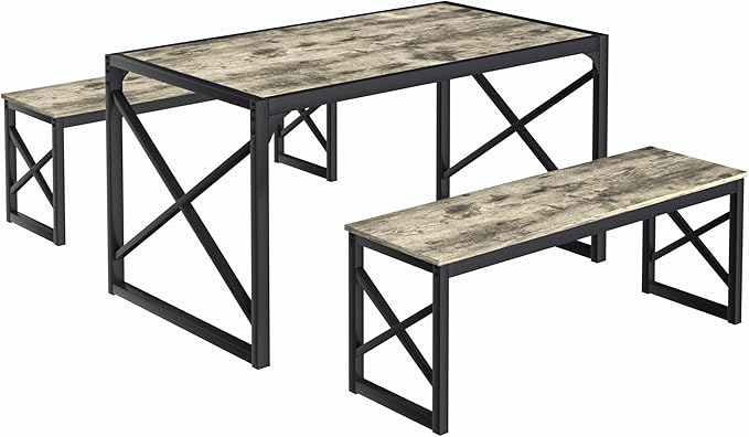 VECELO Kitchen Dining Table Benches Set for 4, 55" Wooden Dinette with 2 Benches, Heavy-Duty Dining Room Table for Small Space, Breakfast Nook, Grey