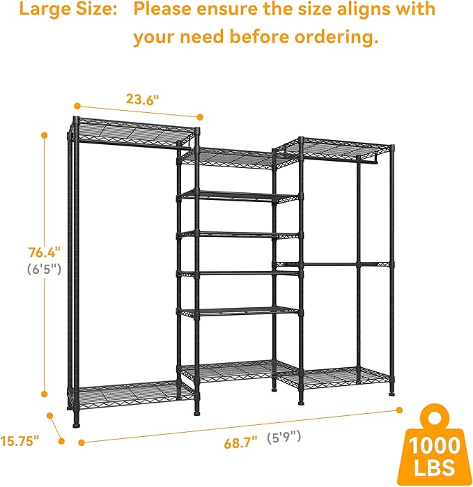 H12 Heavy Duty Clothes Rack with Adjustable 5-Tier Shoe Rack, Freestanding Clothing Racks for Hanging Clothes, Metal Shoe Organizer Large Closet Racks, 15.7" D x 68.7" W x 76.4" H, Black