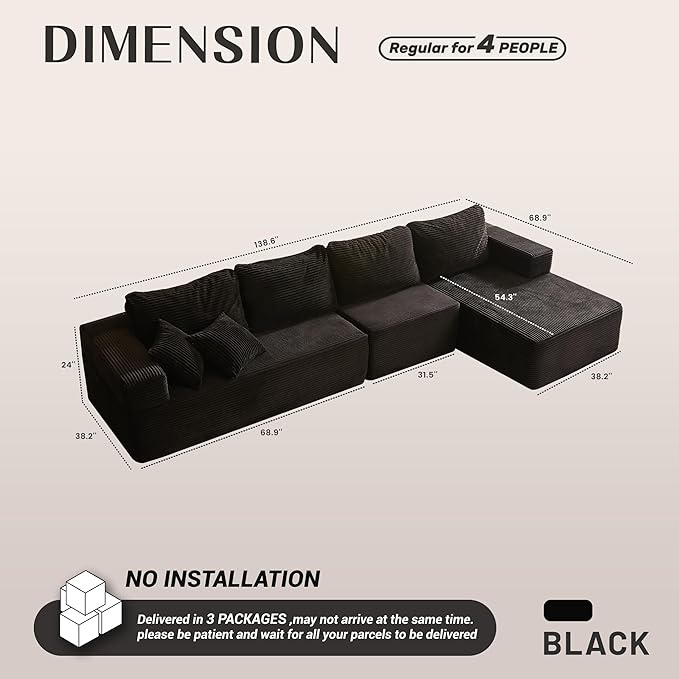 138" Boneless Couch with Deep Seat, Modular Sectional Sofa, Cloud Sectional Couch for Living Room, No Assembly Required, Corduroy, 4 Seater L-Shape Right, Black