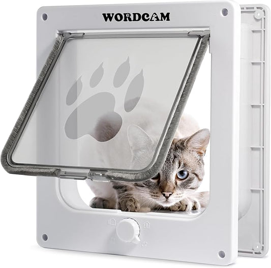 Wordcam Large Cat Door(Outer Size 10.7'' x 9.5''), Robust Cat Door for Interior Exterior Doors, Cat Flap Door with 4 Way Lock, Pet Door for Cats Kitty Kittens Doggies (White, L)
