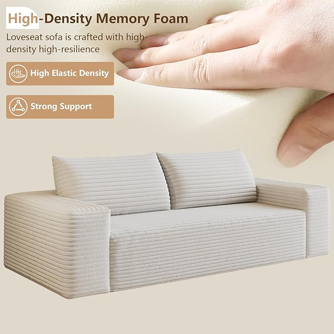 Cloud Loveseat Sofa, Modern Corduroy 2-Seater Couch with Deep Seat, No Assembly Required Memory Foam Sofa, Boneless Sofa in a Box for Bedroom, Apartment, Office,Small Space (White,70.8in)