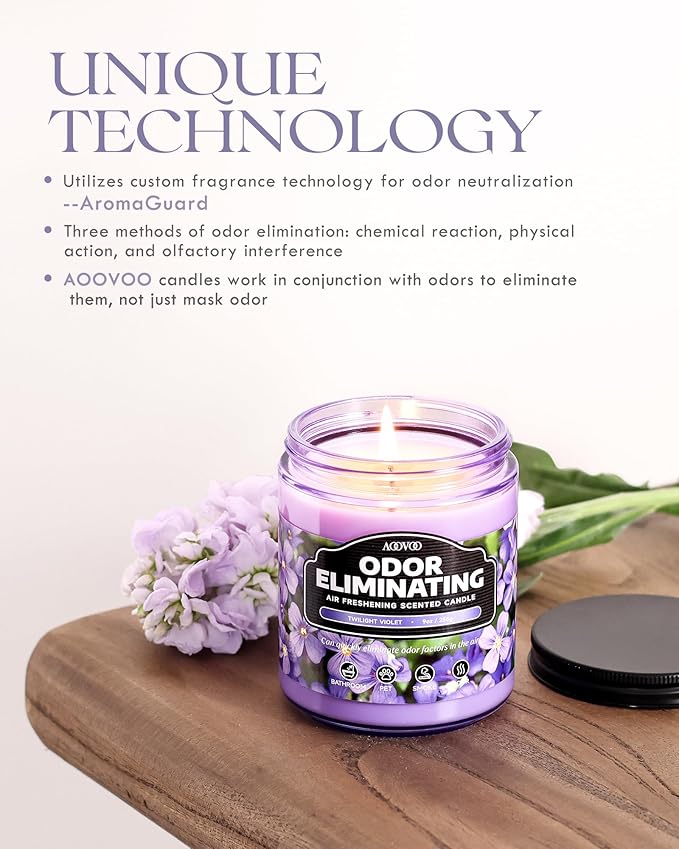 AOOVOO Violet Odor Eliminating Highly Fragranced Candle - Eliminates 95% of Pet, Smoke, Food, and Other Smells Quickly, Air Freshing Soy Candle, 9 oz