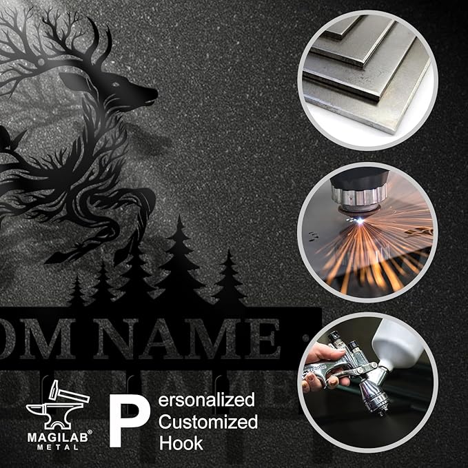Personalized Custom Name Forest Deer Wall Keys Hooks,Metal Forest Deer Art Clothes Hooks,Metal Forest Deer Wall Home Storage Decorative,For Front Door, Hallway, Kitchen, Bedroom,Keys,Hats (Style F)