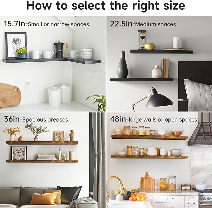 BAYKA Floating Shelves for Wall, 36 inches Long Wall Mounted Rustic Wood Shelves for Bathroom, Bedroom, Living Room, for Book/Storage/Decor with 30lbs Capacity - Black,Set of 3