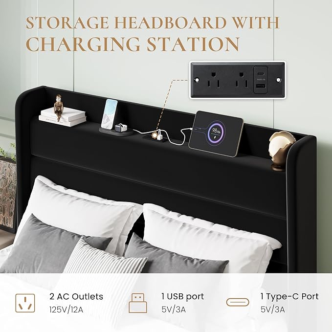 SHA CERLIN Queen Bed Frame with Charging Station, Velvet Upholstered Platform Bed, Wingback Storage Headboard, Type-C & USB Ports, Strong Wooden Slats, No Box Spring Needed, Easy Assembly, Black