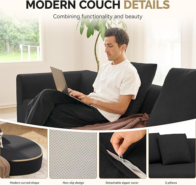 128" Oversized Modern Curved Sofa,Boneless Cloud Sectional Couch with Deep Seat,No Assembly Required Chenille Couches for Living Room,Black,1 PCS