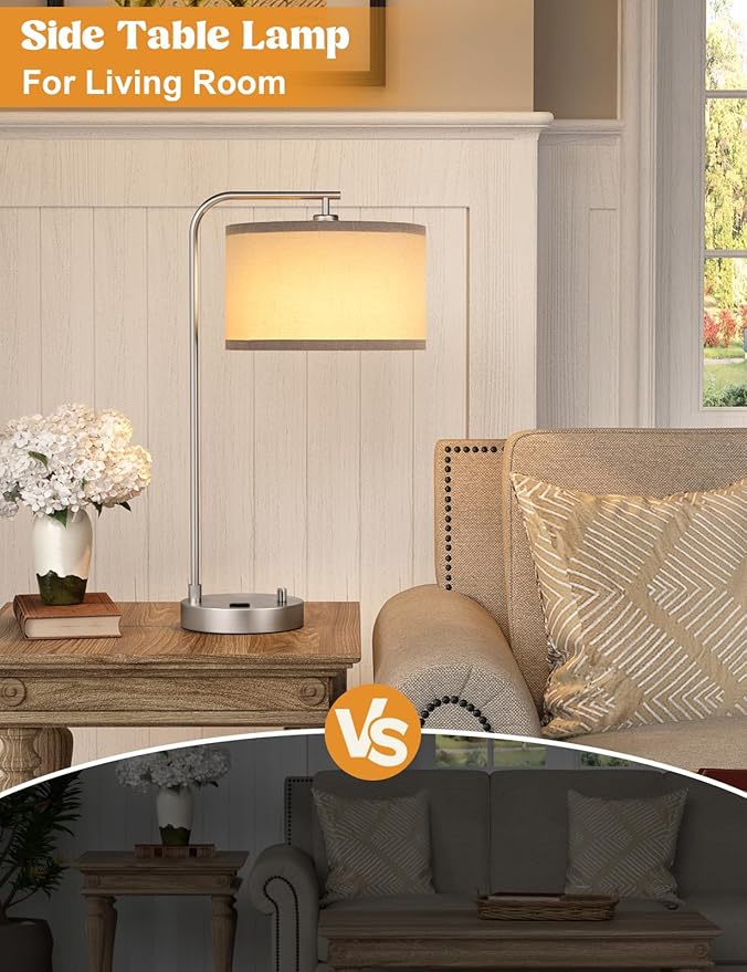 Innqoo Gray Side Table Lamp with USB Port and Outlet, Dimmable Nightstand Bedside Lamps with Linen Lampshade, Desk Lamp for Bedroom, Living Room, Guest Room, Home Office, LED Bulb Included