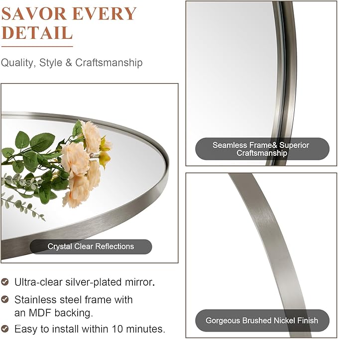 ANDY STAR Arched Mirror, 24" x 38" Brushed Nickle Bathroom Mirror in Stainless Steel Metal Frame, Arch Top Rounded Corner 1" Deep Set Design Wall Mount Hangs Vertical