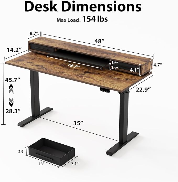 Agilestic 48 Inch Electric Standing Desk with Drawers, Adjustable Desk with Storage Shelf, Stand Up Home Office Computer Table, Splice Board, Rustic Brown