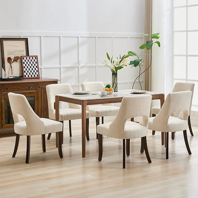 UVV Wooden Dining Chairs Set of 6, Mid Century Modern Fabric Upholstered Dining Room Chair Kitchen Chairs, Farmhouse Dinner Chair with Solid Wood Legs for Kitchen Dining Room, Beige