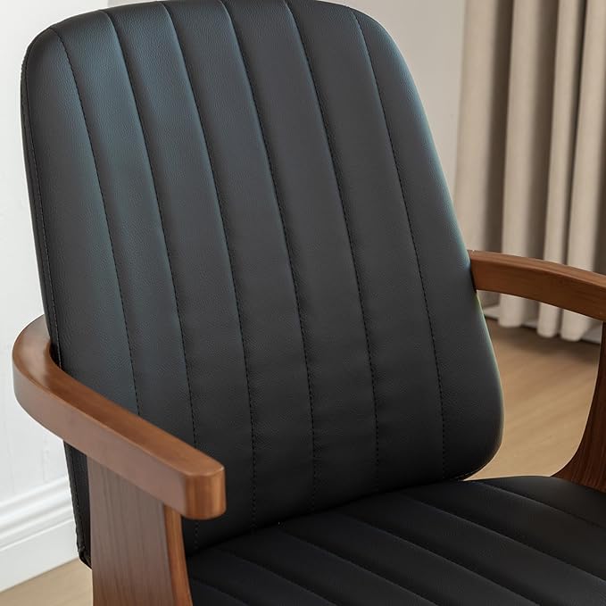 Swivel Dining Chairs, Set of 4 Kitchen Swivel Chairs with Walnut Craftsmanship, Upholstered Faux Leather, Wooden Arms and Legs, Walnut Dining Chairs for Kitchen/Living Room - Black