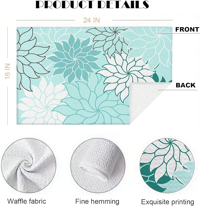 2-Pack Boho Floral Abstract Waffle Towels, Flower Hand Towel for Bathroom Decor, 16x24 Inch Neutral Azure & Blue Flower Dish Tea Towel Decor for Kitchen/Bath/SPA,Gift for Friends.